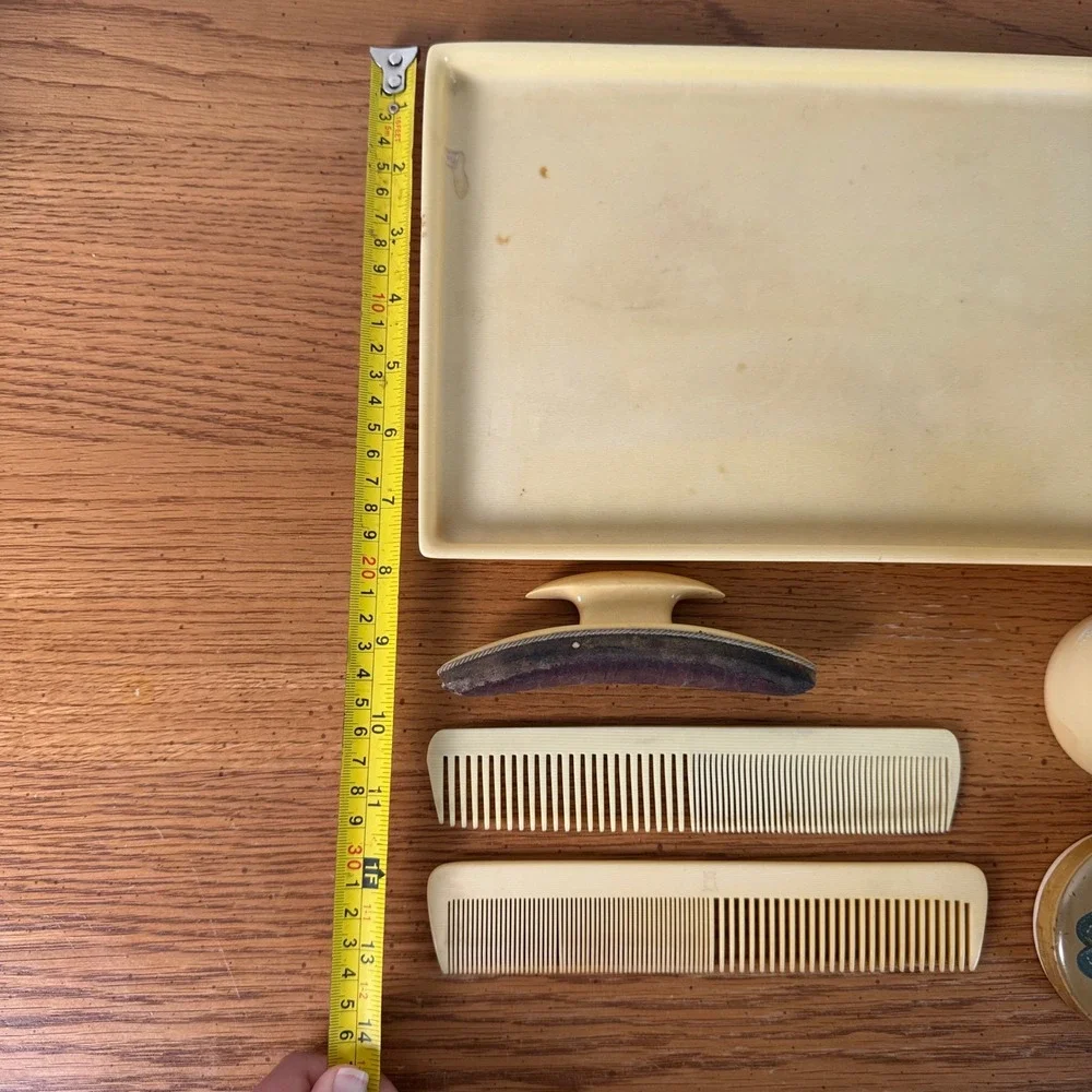 Vintage French Ivory Celluloid Vanity Set Tray Combs Buffer Jar‎ Butterfly 6pc